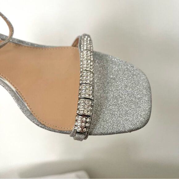 Jewel Badgley Mischka Silver Glitter Open Row Ankle Strap Sandal Heels 8.5 NWOB - Picture 7 of 10
